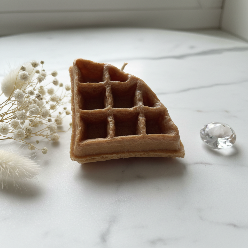 Waffle candle caramel brown styled on white marble with dried flowers - Just Natural Purity
