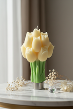 Pastel yellow tulip bouquet candle on white marble with dried flowers - Just Natural Purity