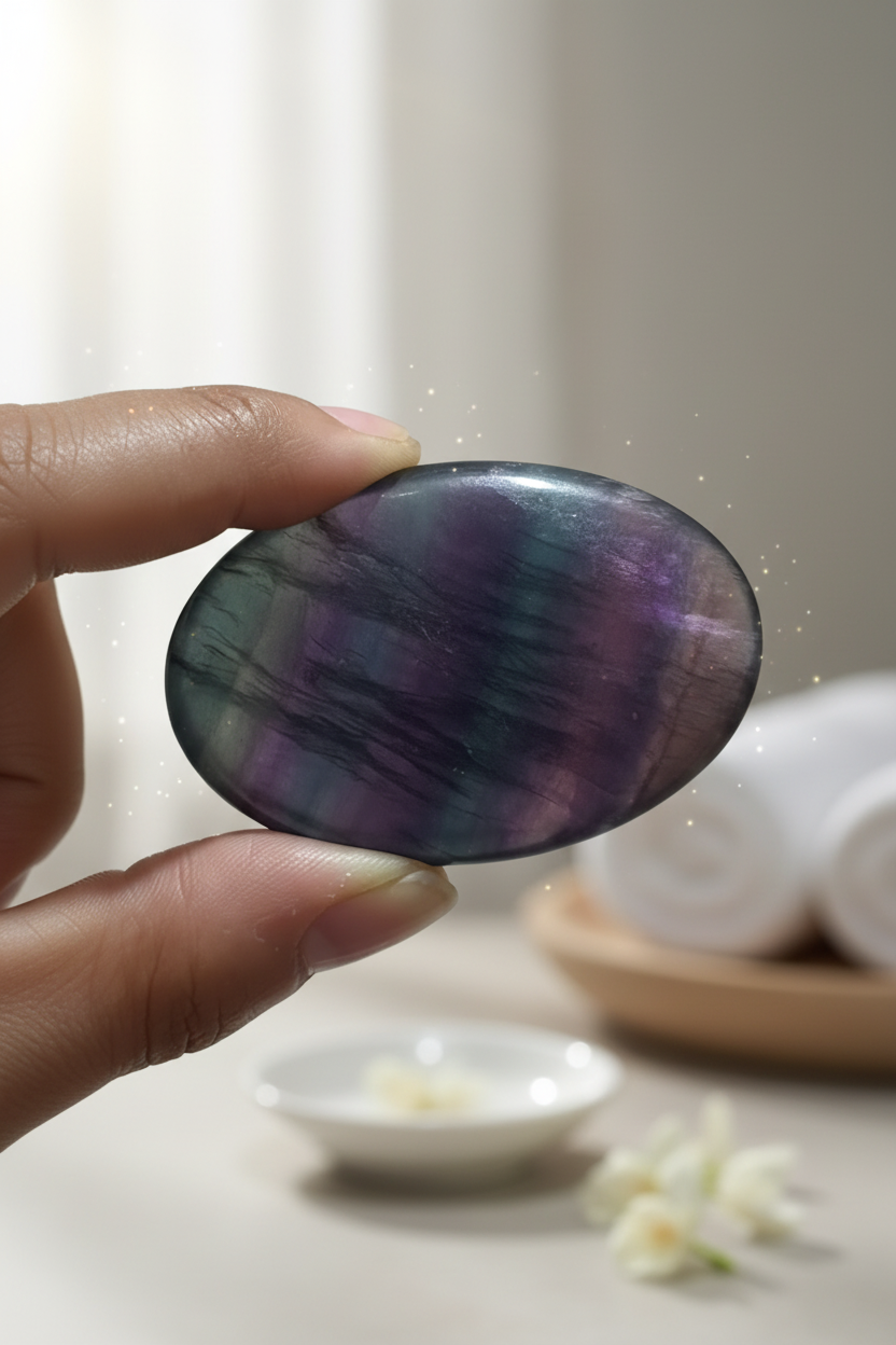 Rainbow Fluorite Palm Stone held in hand showing multicolored clarity energy