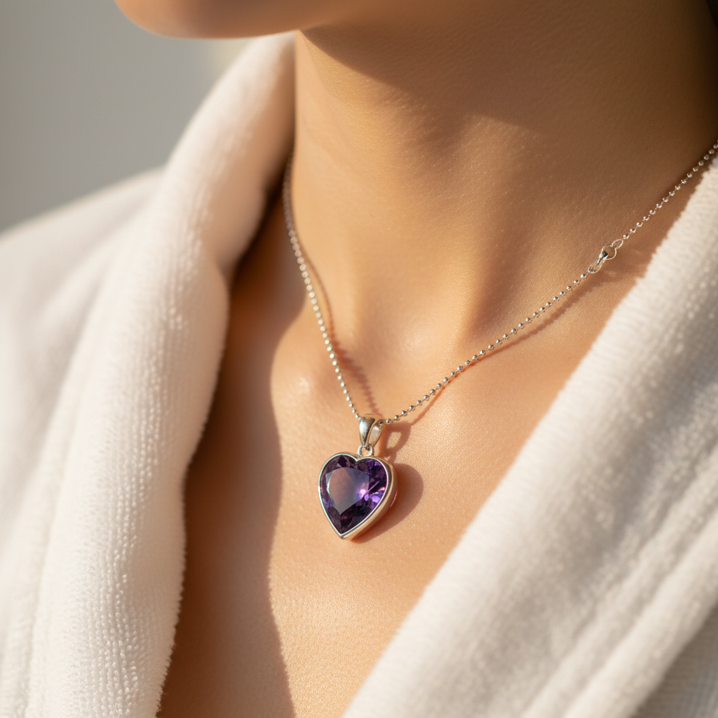 Model wearing Amethyst heart pendant necklace — calm and spiritual crystal jewellery