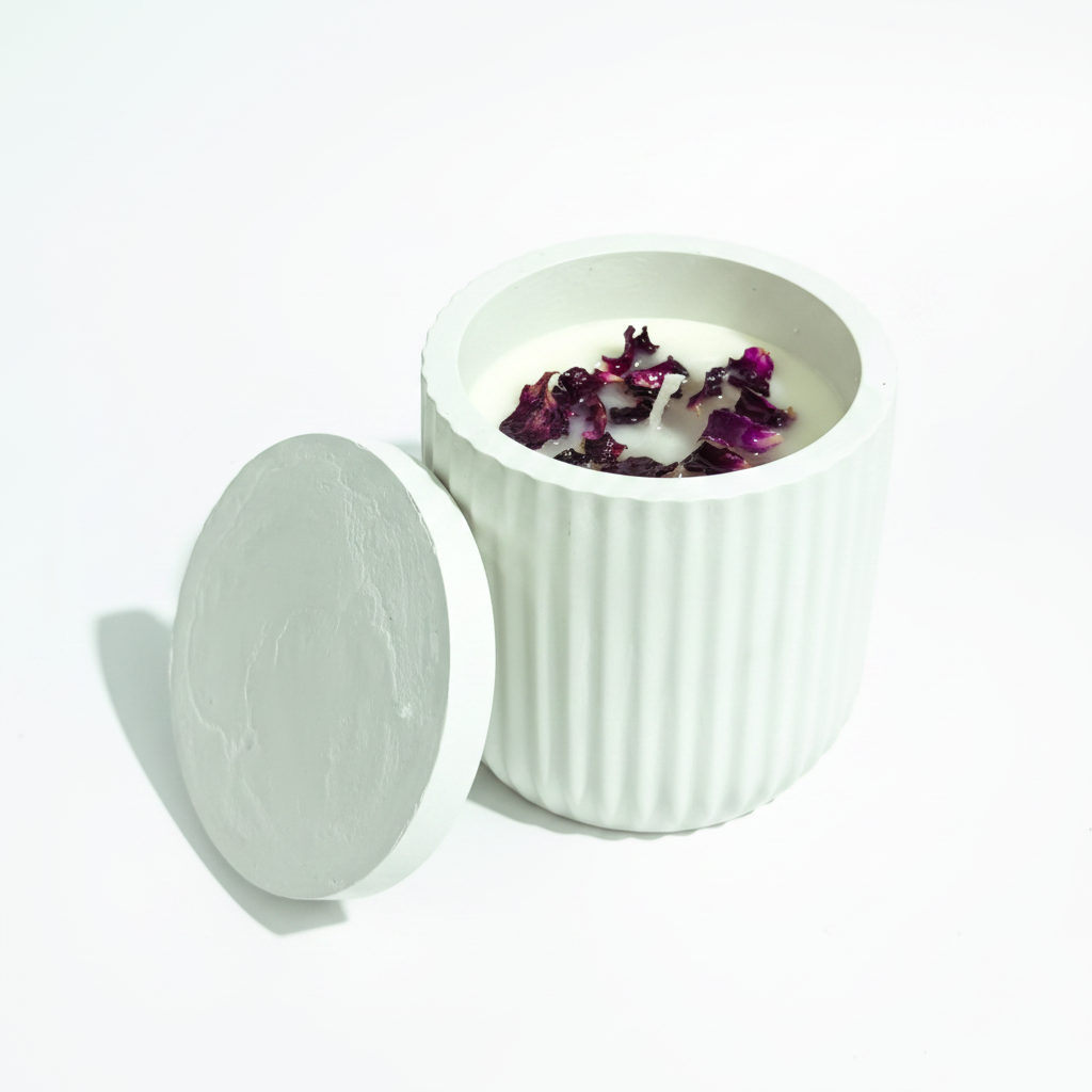 Rose petal jar candle on pure white background, clean studio product shot