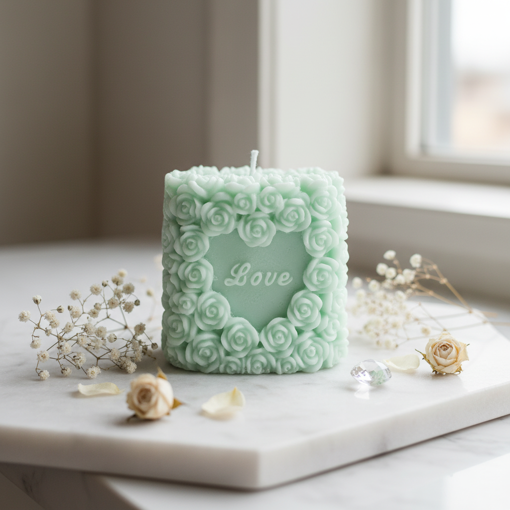 Pastel mint green Love Pillar rose candle on white marble - Just Natural Purity