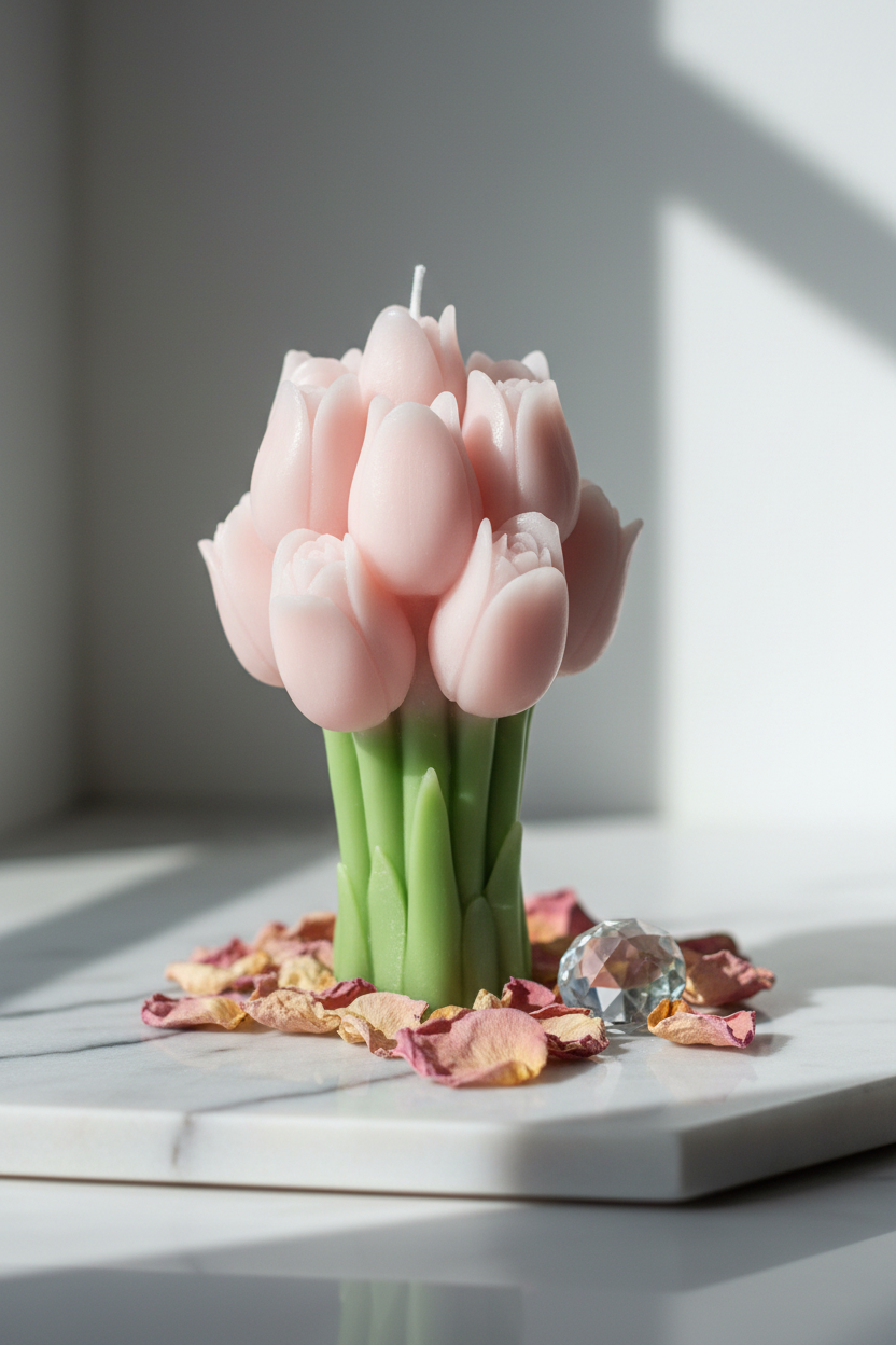 Pastel blush pink tulip bouquet candle on white marble with dried rose petals - Just Natural Purity
