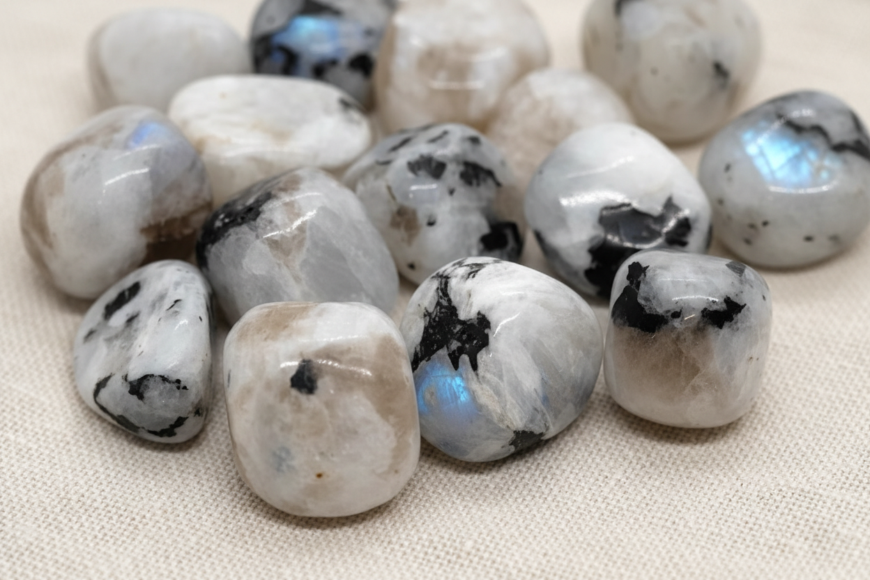 Close-up detail of Rainbow Moonstones showing white with blue flash