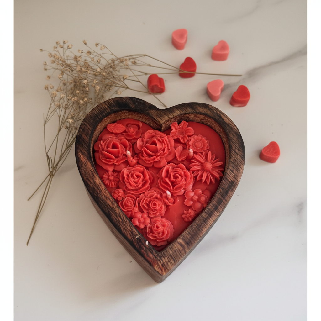 Rose heart candle in wooden tray styled flat lay on white marble surface