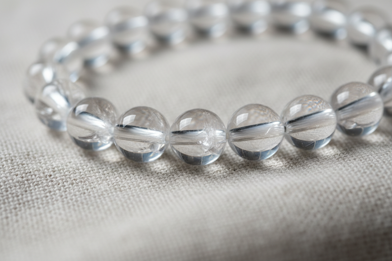 Close-up detail of Clear Quartz beads showing translucent radiant appearance