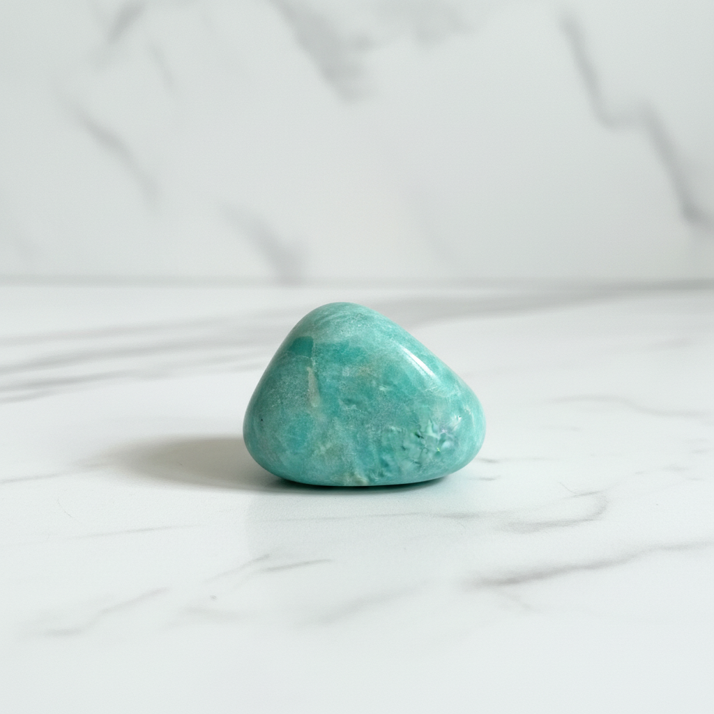 Amazonite Tumbled Stone with turquoise blue-green color on marble surface