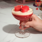 Elegant hand holding red velvet coupe candle, soft natural light, white marble background