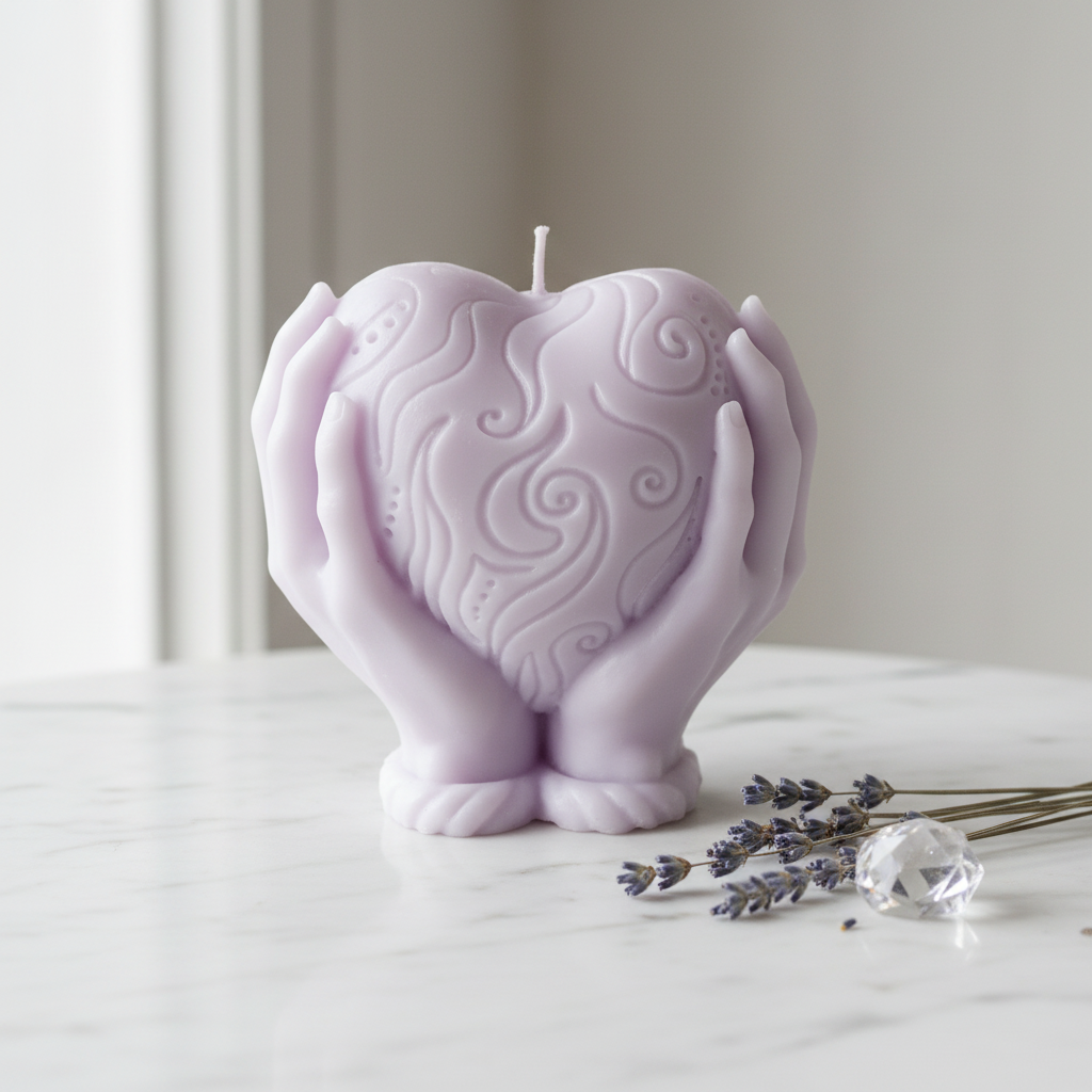 Pastel lavender heart holding candle on white marble with dried lavender - Just Natural Purity
