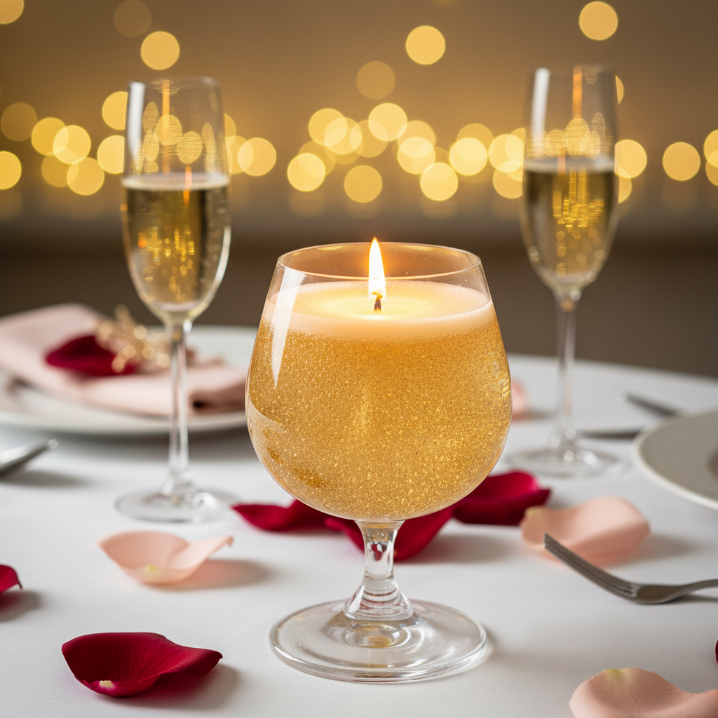 Golden glitter gel candle glowing warmly on romantic date night table setting with champagne flutes and rose petals
