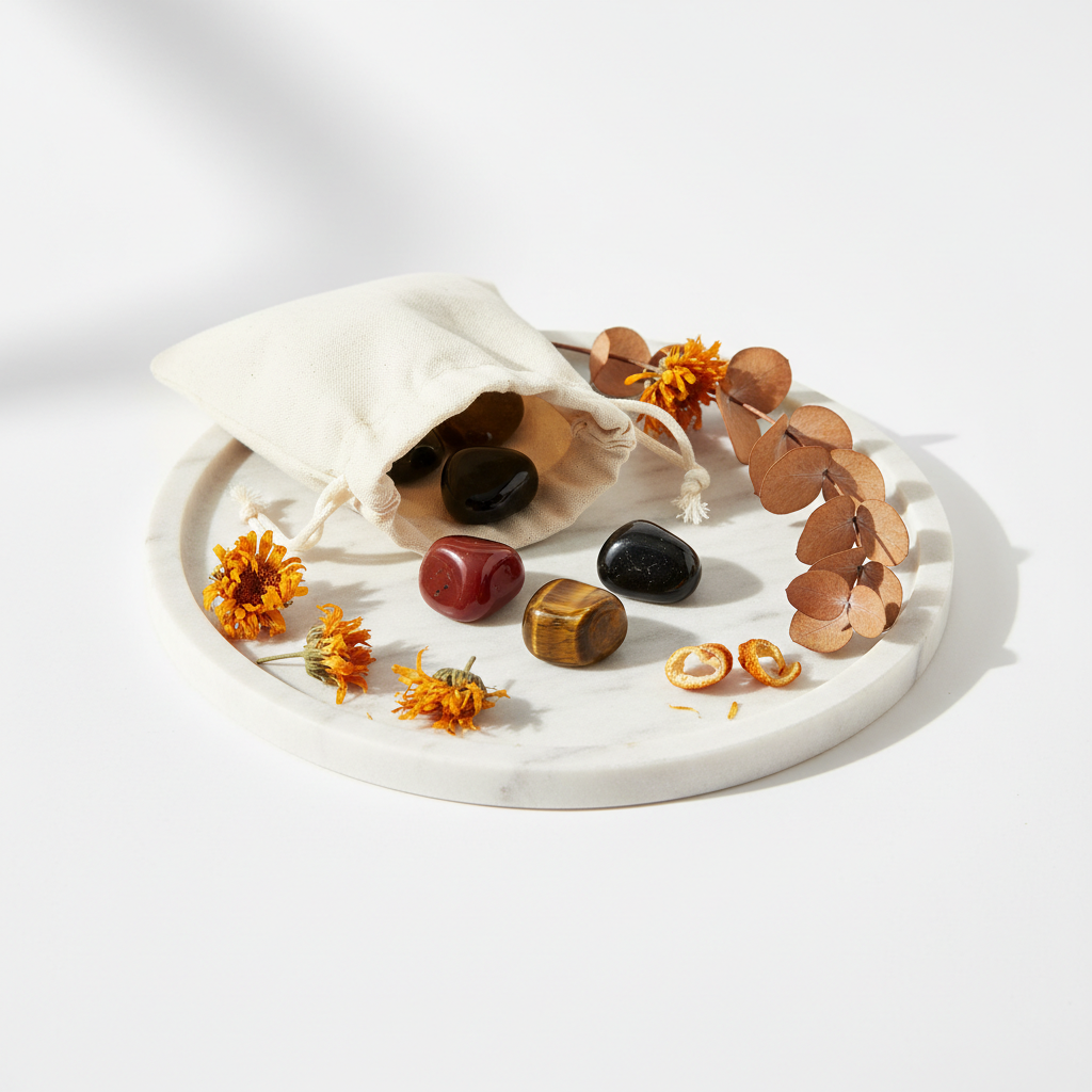 Energy & Vitality Crystal Set - four crystal tumbles spilling from cream cotton potli with orange dried flowers