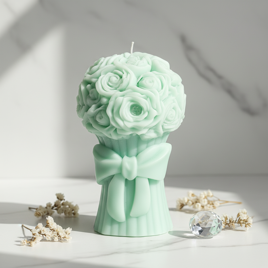 Pastel mint green rose flower bouquet candle on white marble - Just Natural Purity