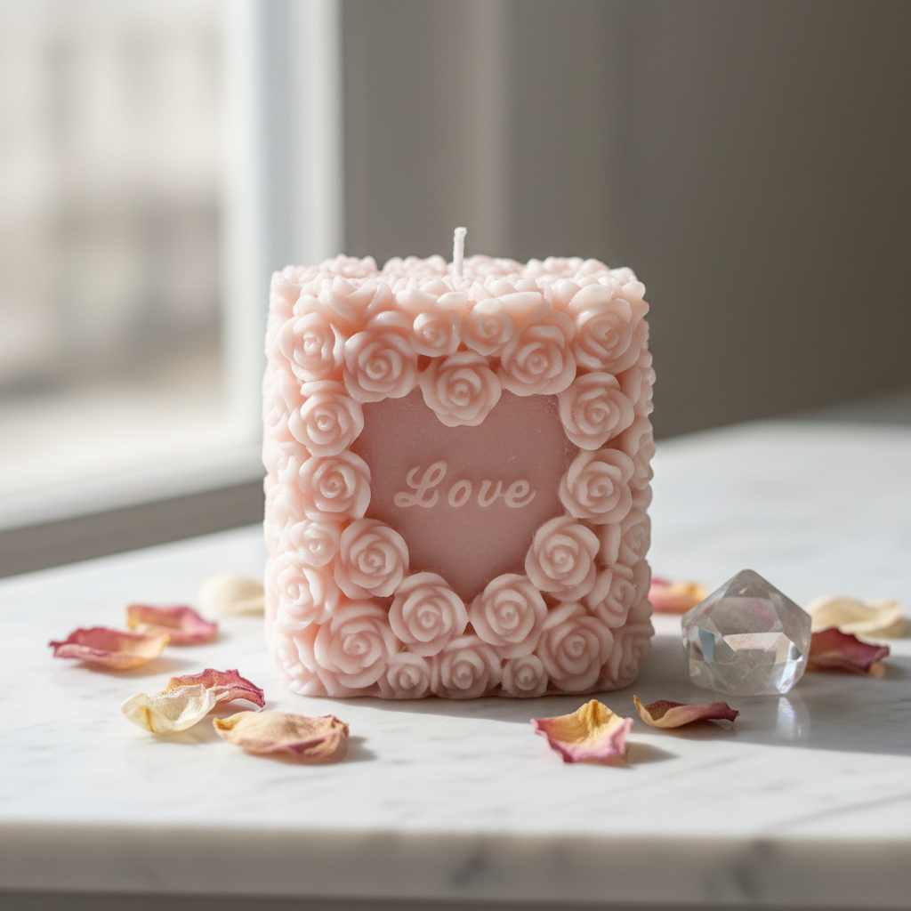 Pastel blush pink Love Pillar rose candle on white marble - Just Natural Purity