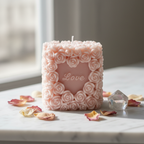 Pastel blush pink Love Pillar rose candle on white marble - Just Natural Purity