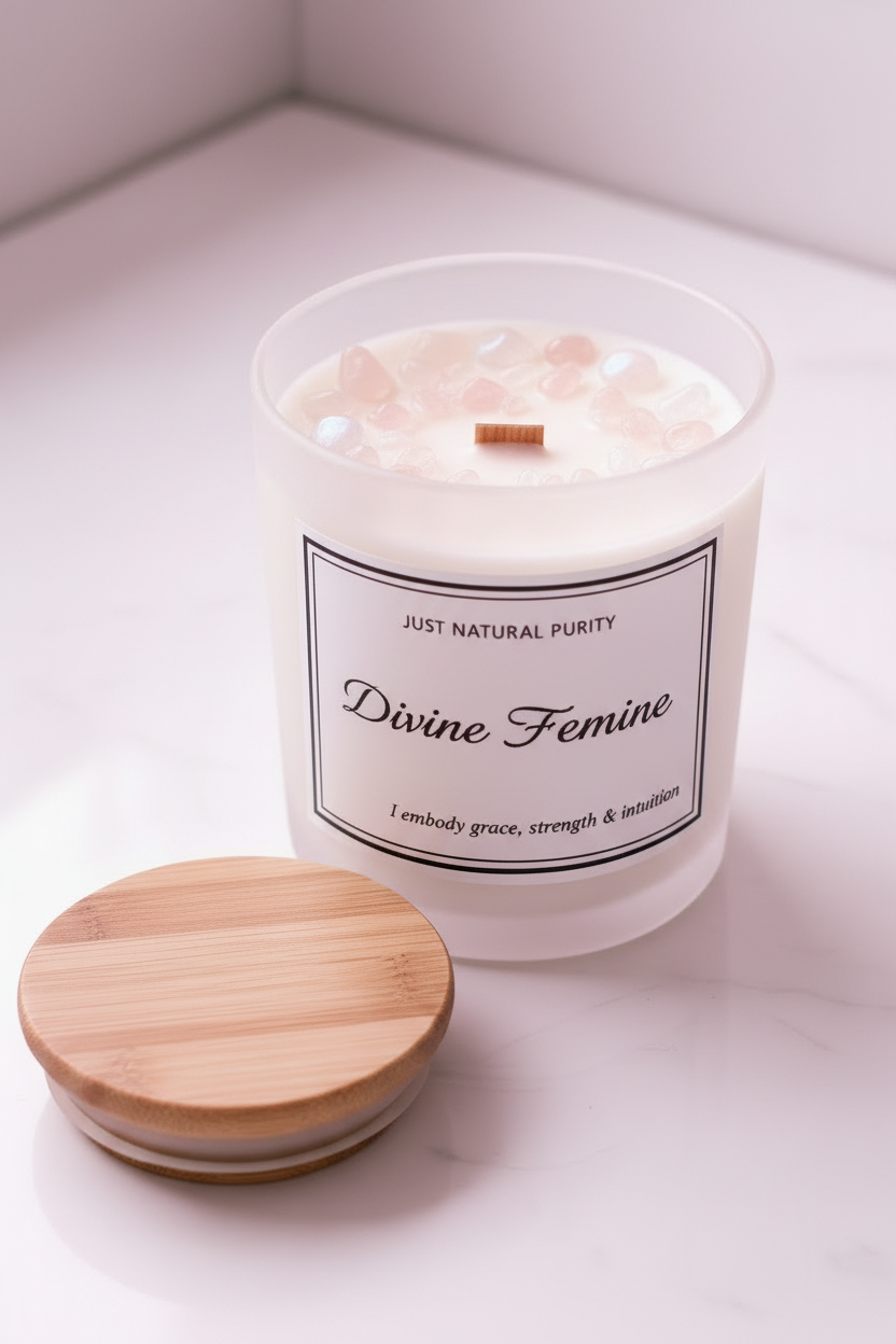 Divine Feminine Crystal Candle — Rose Quartz & Moonstone
