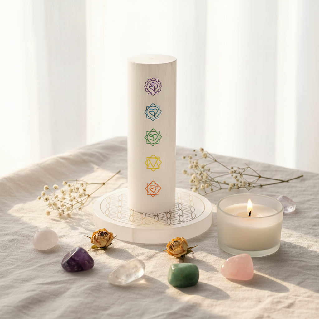 Selenite 7 Chakra Charging Pillar