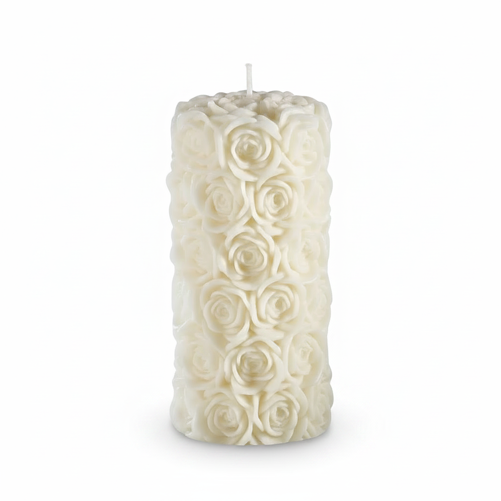 Rose textured pillar soy candle - white background studio shot - Just Natural Purity