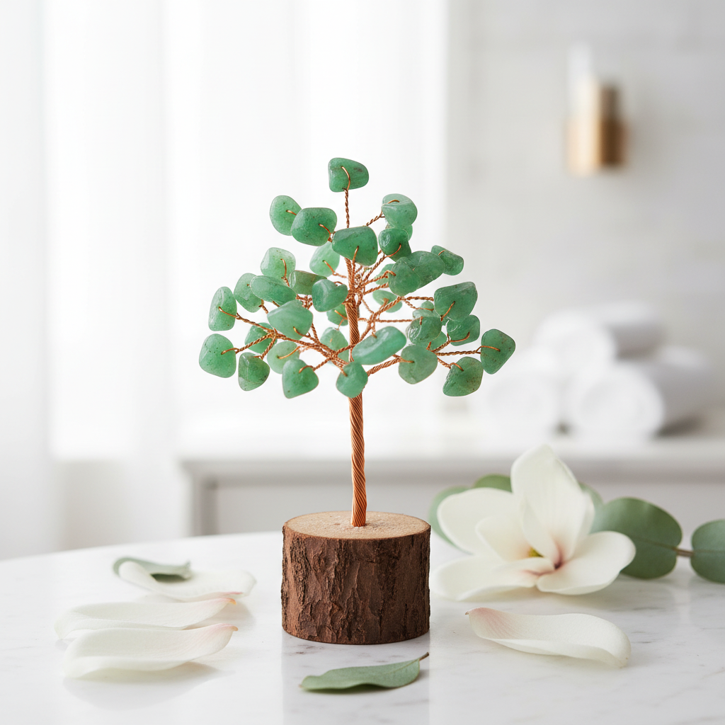 Green Aventurine Crystal Tree on marble with petals, plain wood base