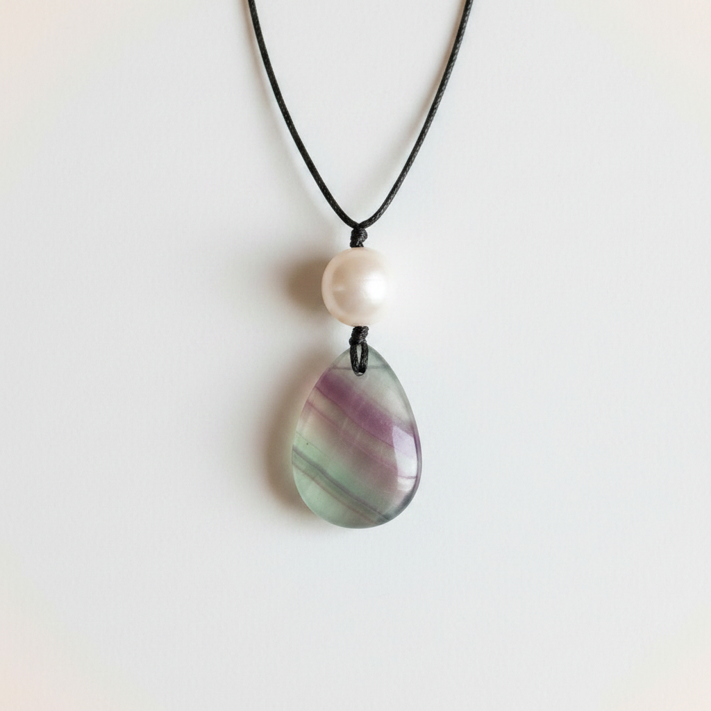 Rainbow Fluorite & Pearl Macramé Pendant - Front View