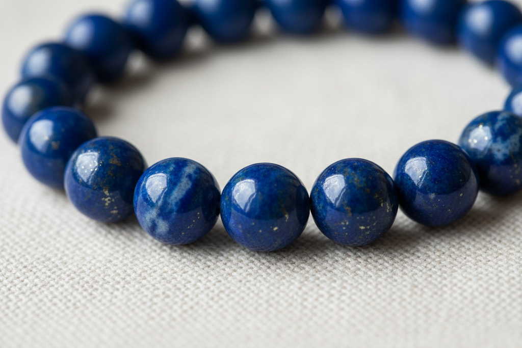 Close-up detail of Lapis beads showing deep blue with golden pyrite flecks