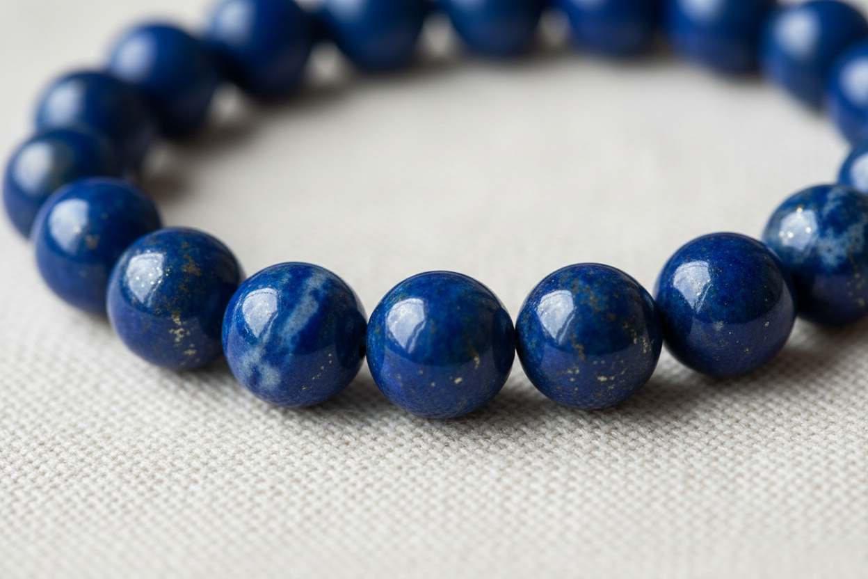 Close-up detail of Lapis beads showing deep blue with golden pyrite flecks