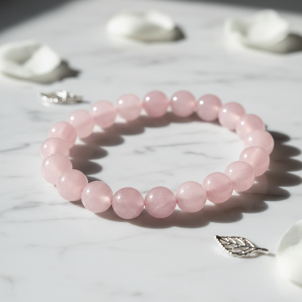 Rose Quartz Crystal Bracelet with soft pink beads on marble surface