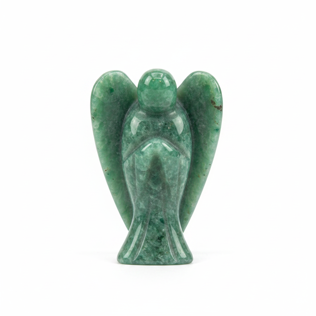 Green Aventurine 1 inch pocket angel figurine — hand-carved crystal angel on white background