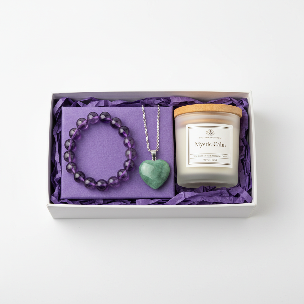 Manifestation Crystal Gift Set - Amethyst bracelet, Green Aventurine pendant and Mystic Calm candle in white gift box