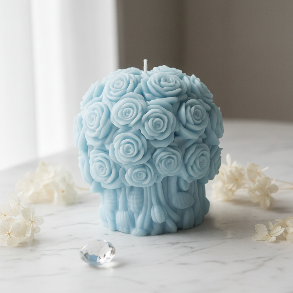 Pastel sky blue rose small bouquet candle on white marble - Just Natural Purity