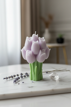 Pastel lavender tulip bouquet candle on white marble with dried lavender - Just Natural Purity