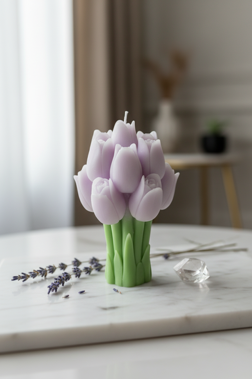 Pastel lavender tulip bouquet candle on white marble with dried lavender - Just Natural Purity