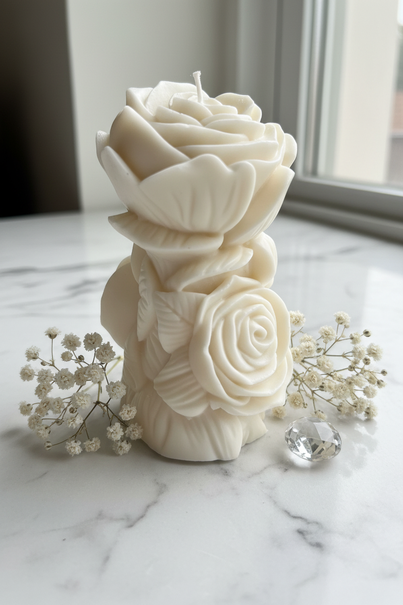 Carved rose pillar candle in cream white on white marble - Just Natural Purity