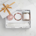 Premium Luxury Crystal Hamper - Divine Love Bracelet, Rose Quartz Palm Stone, Velvet Rose Candle and Selenite Slab in premium white gift box
