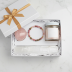 Premium Luxury Crystal Hamper - Divine Love Bracelet, Rose Quartz Palm Stone, Velvet Rose Candle and Selenite Slab in premium white gift box