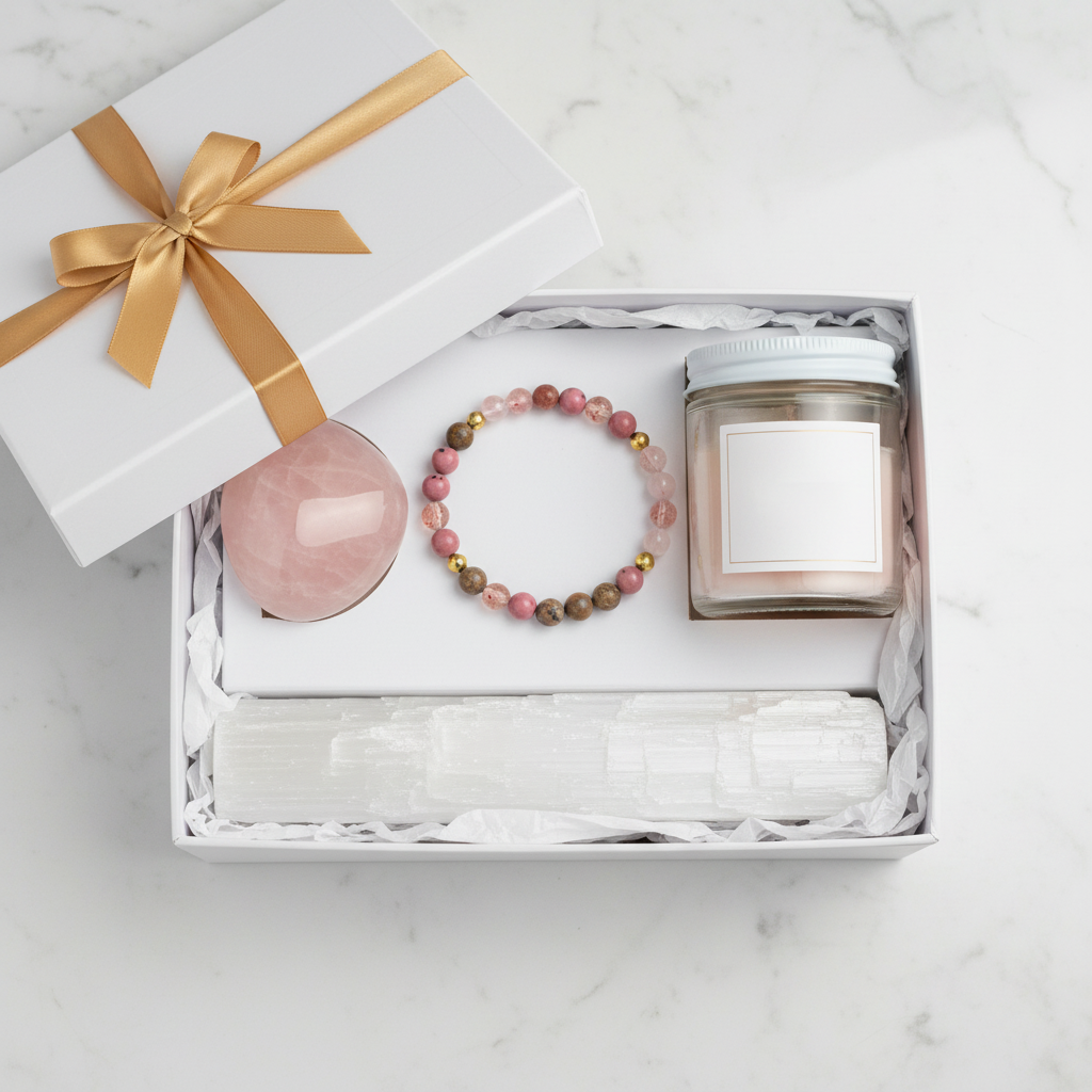 Premium Luxury Crystal Hamper - Divine Love Bracelet, Rose Quartz Palm Stone, Velvet Rose Candle and Selenite Slab in premium white gift box