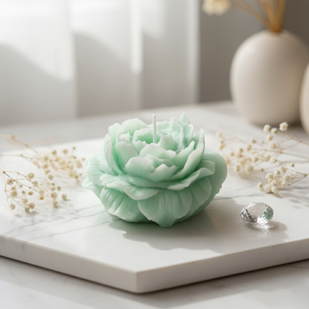 Pastel mint green rose bloom candle on white marble with dried flowers - Just Natural Purity
