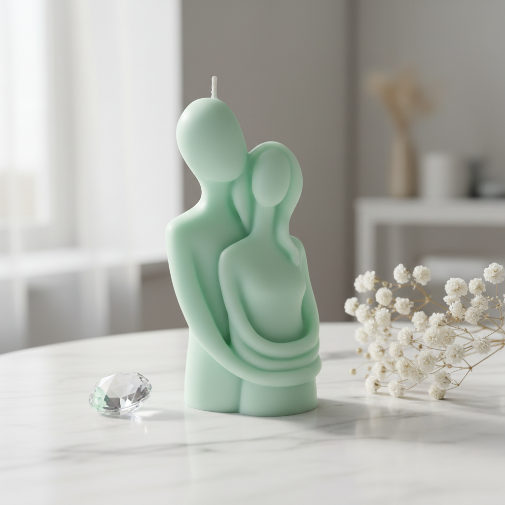 Pastel mint green couple hugging figurine soy candle on white marble with dried flowers - Just Natural Purity