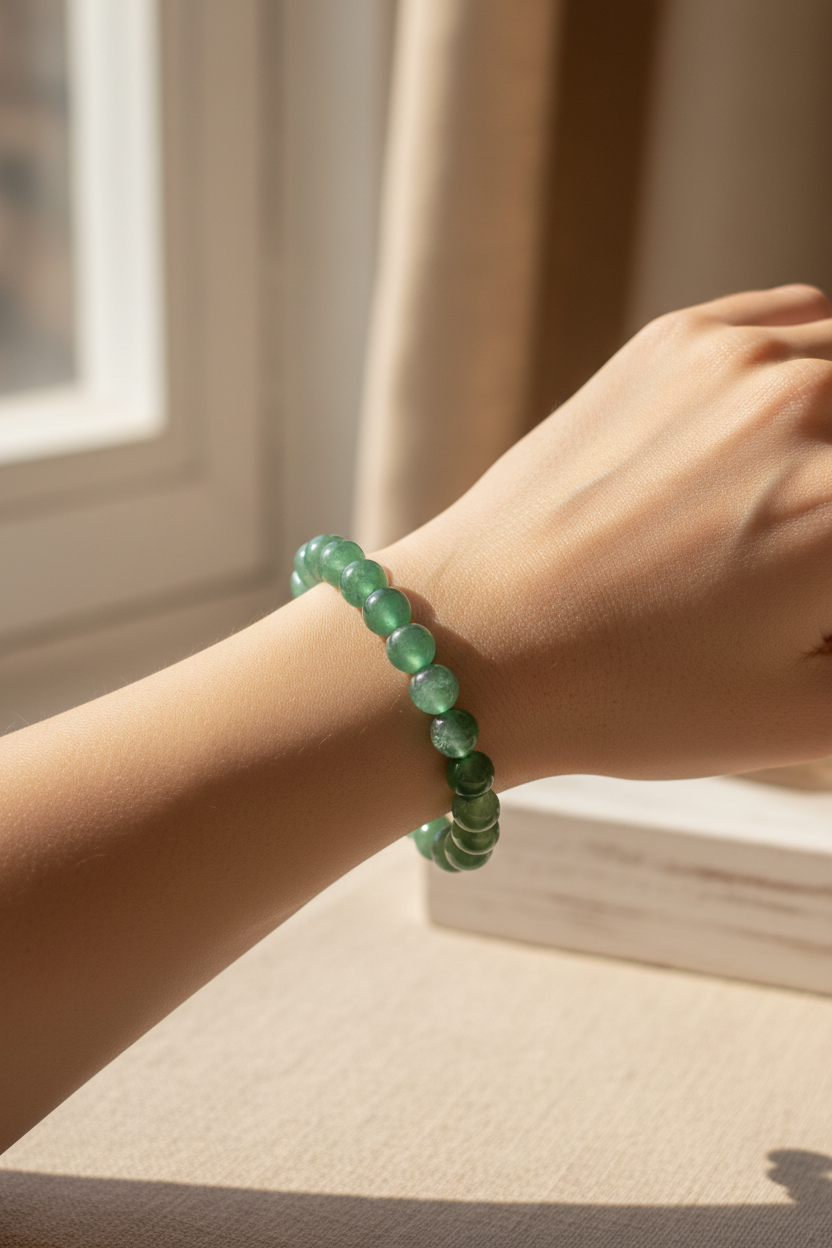 Green Aventurine Bracelet worn on wrist showing prosperity and luck energy