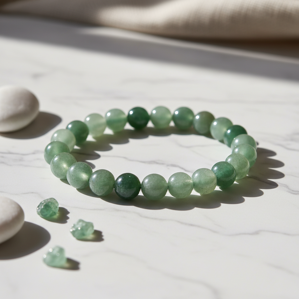 Green Aventurine Crystal Bracelet with soft green beads on marble surface