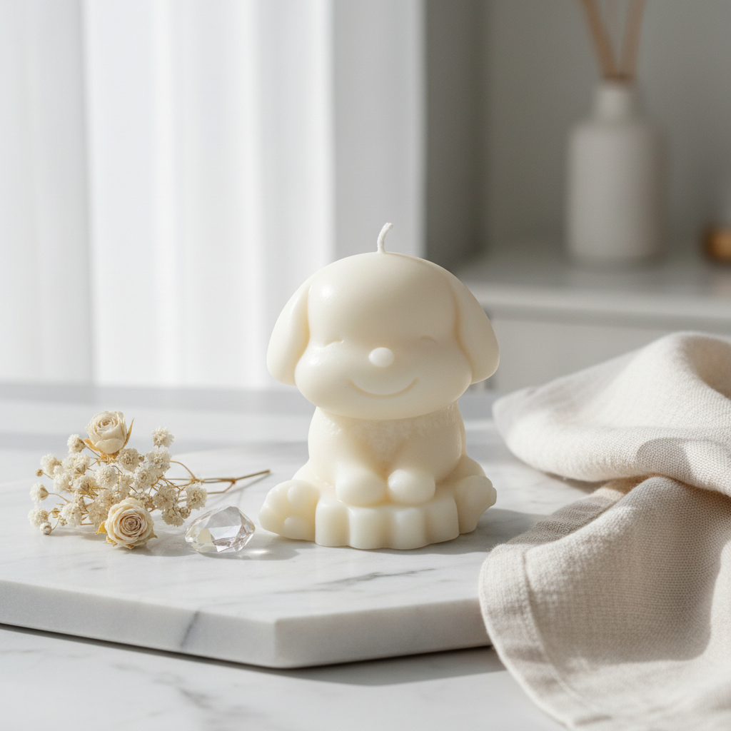Cute puppy figurine soy candle styled on white marble with dried flowers and crystal home decor - Just Natural Purity