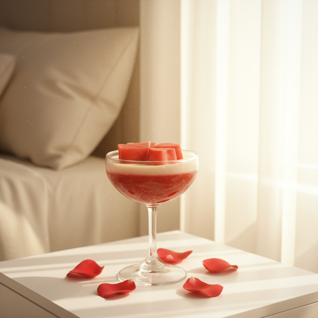 Red velvet coupe candle on white bedside table, cozy romantic bedroom décor with soft linen and golden light