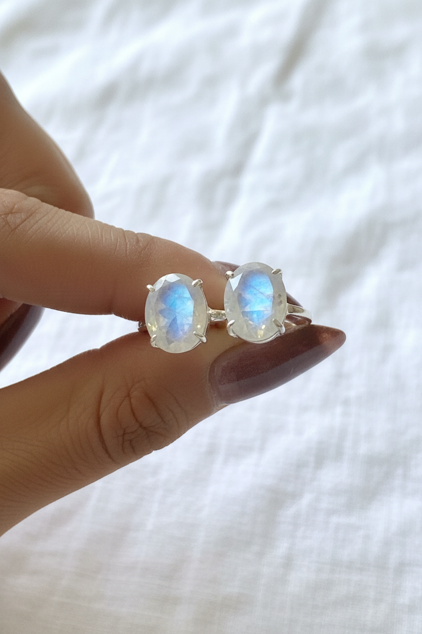 Rainbow Moonstone Diamond Cut Ring — Adjustable (1 Pc)