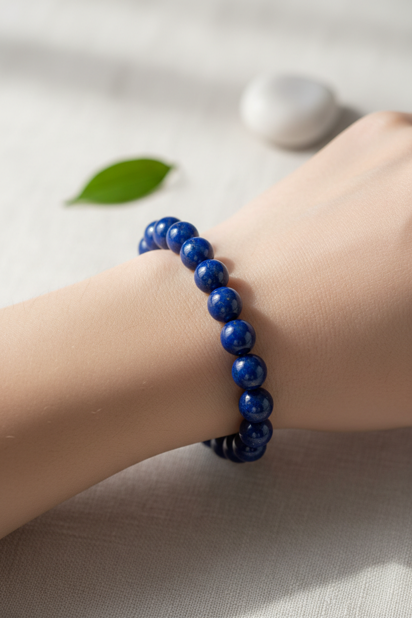 Lapis Bracelet worn on wrist showing royal blue wisdom energy
