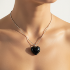 Model wearing Black Tourmaline heart pendant necklace — protection and grounding crystal jewellery