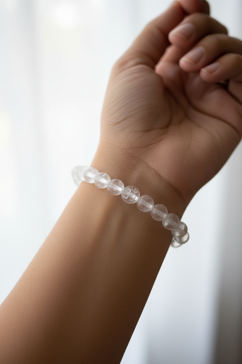 Clear Quartz Bracelet with Aum in Every Bead
