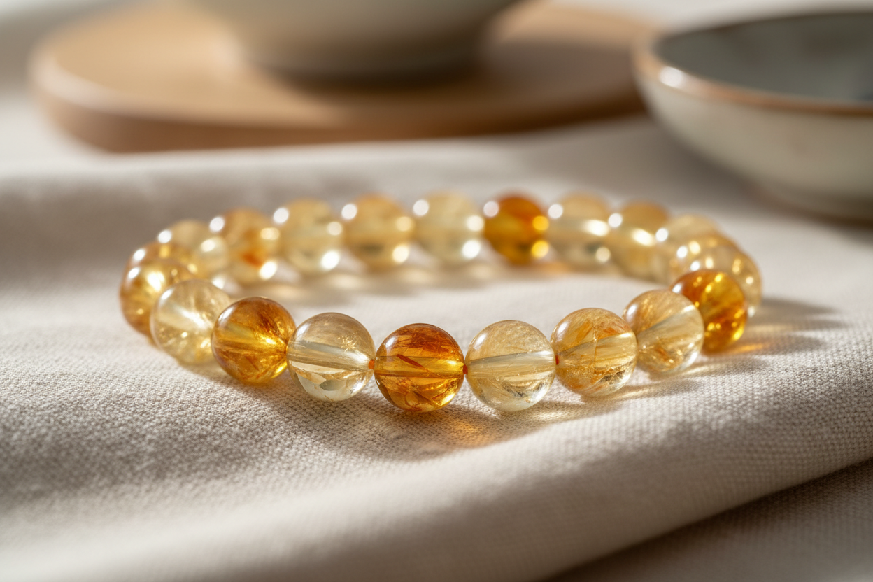 Close-up detail of Citrine beads showing sunny yellow golden abundance tones