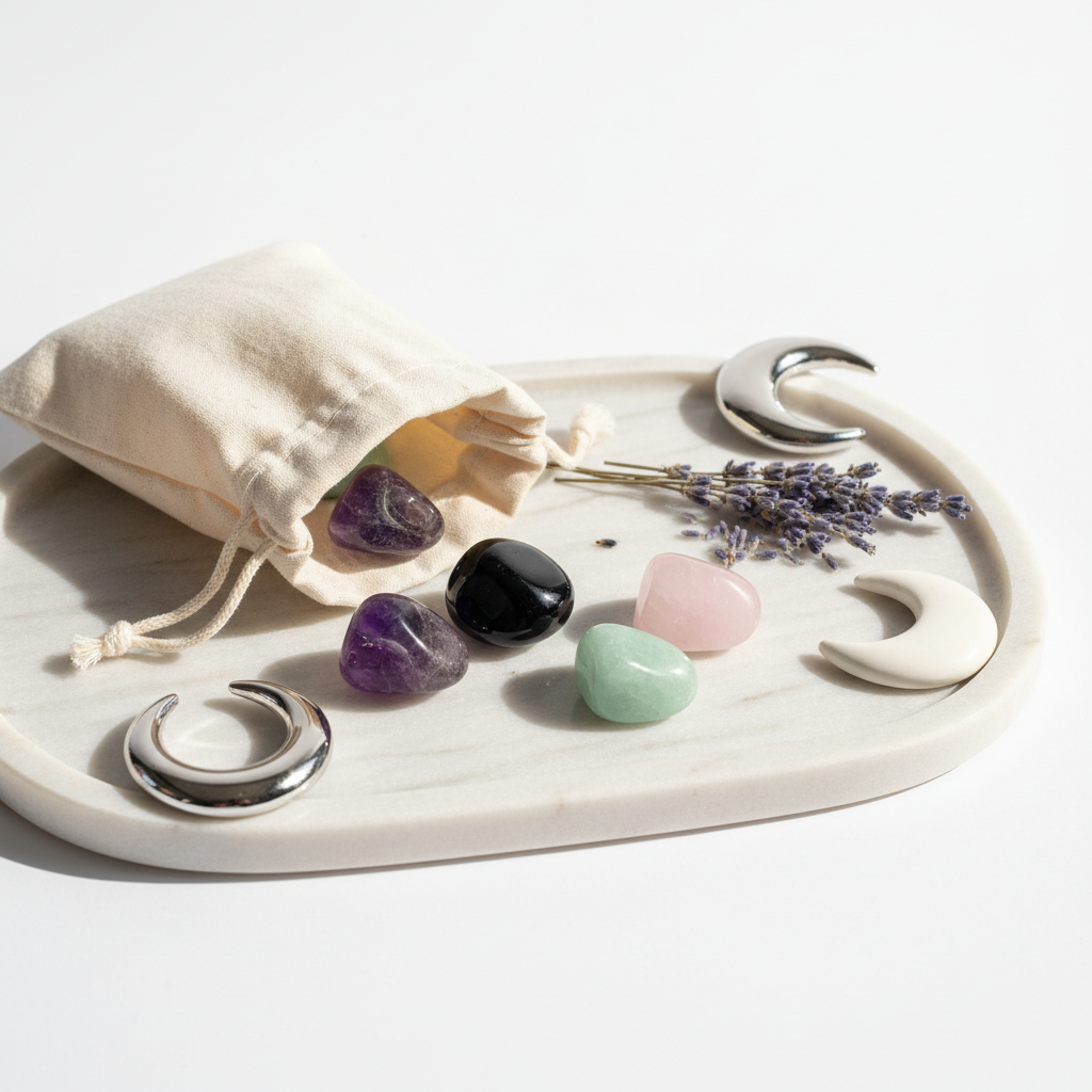 Intuition & Psychic Crystal Set - four crystal tumbles spilling from cream cotton potli with dried lavender