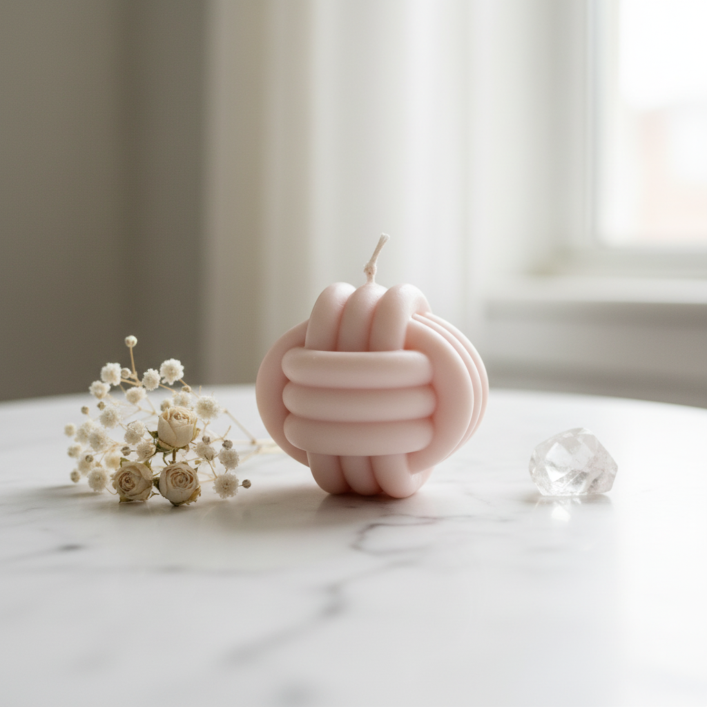 Pastel blush pink infinity bloom candle on white marble - Just Natural Purity