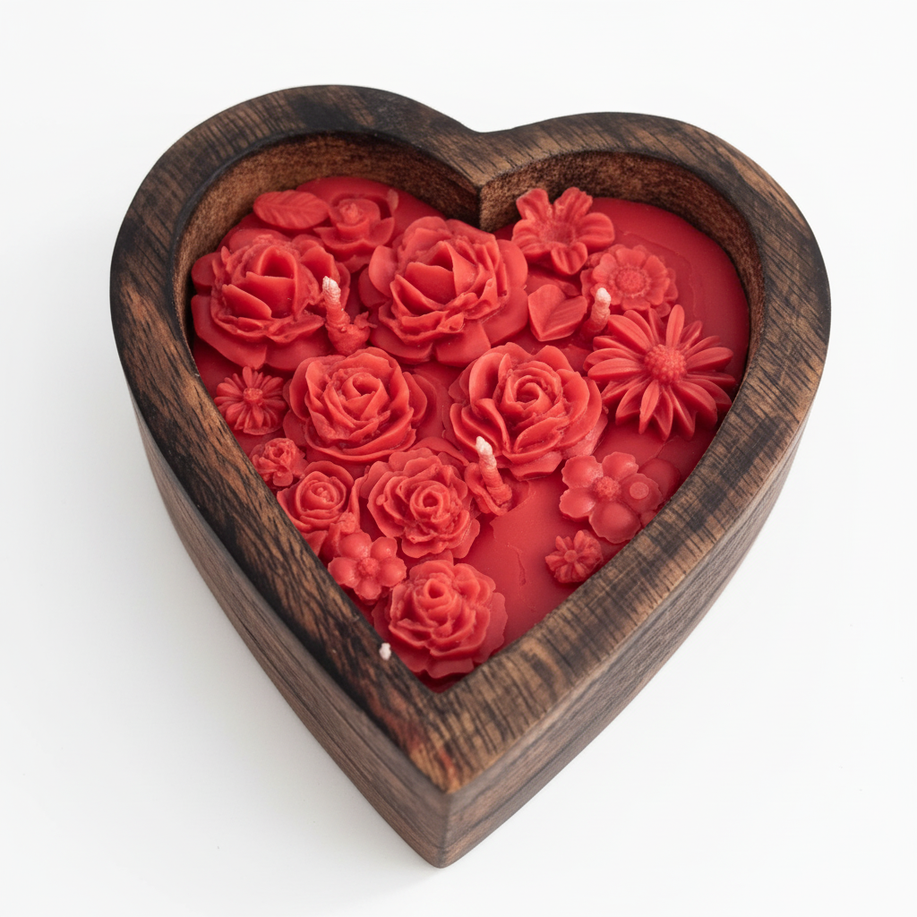 Rose heart candle in wooden tray on pure white background, clean studio shot