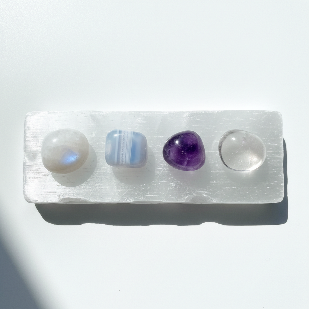 Calm & Peace Crystal Tumble Kit — Moonstone, Blue Lace Agate, Amethyst and Clear Quartz tumbles charging on a white selenite plate